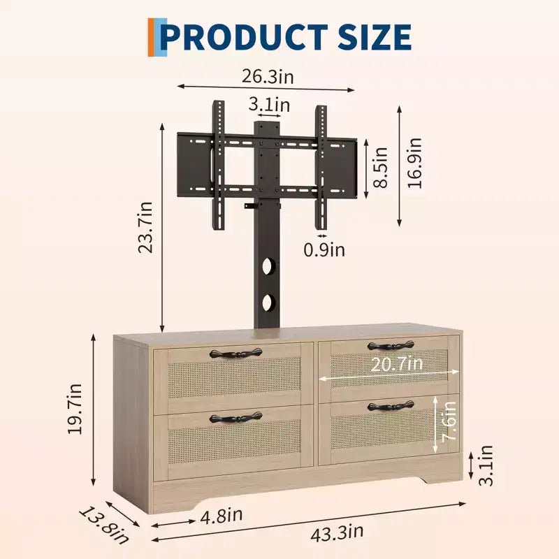 Meuble TV 4 tiroirs en rotin avec support (pour TV jusqu'à 7 pouces), meuble de divertissement en bois, console multimédia de rangement pour salon et chambre