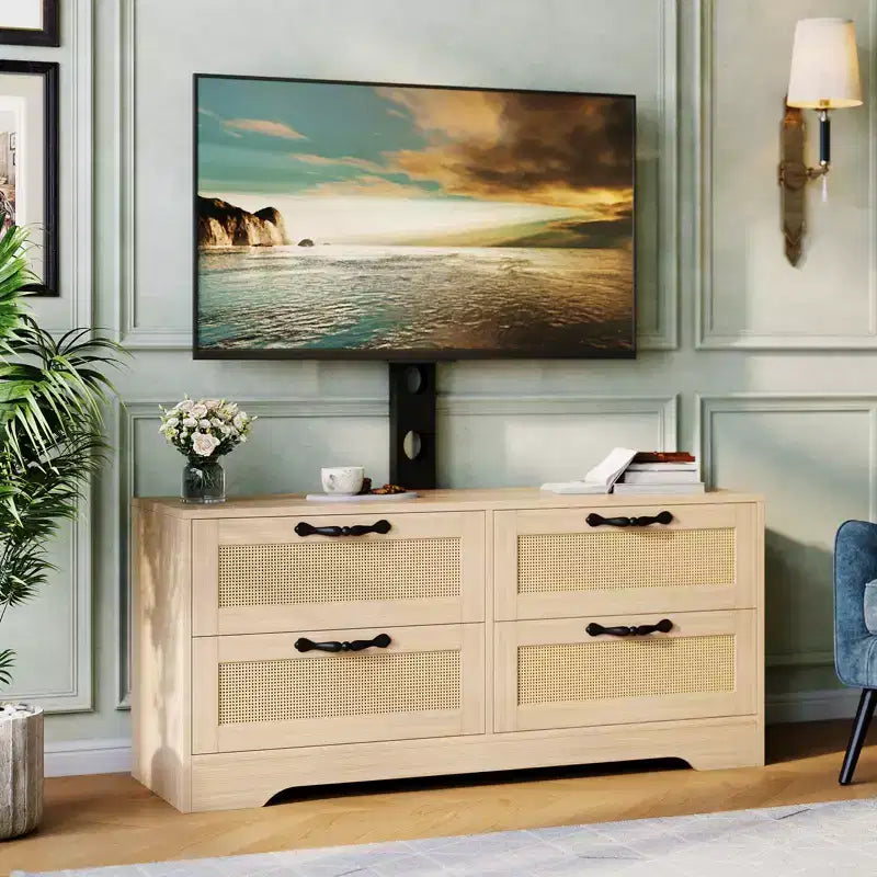 Meuble TV 4 tiroirs en rotin avec support (pour TV jusqu'à 7 pouces), meuble de divertissement en bois, console multimédia de rangement pour salon et chambre