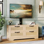Meuble TV 4 tiroirs en rotin avec support (pour TV jusqu'à 7 pouces), meuble de divertissement en bois, console multimédia de rangement pour salon et chambre