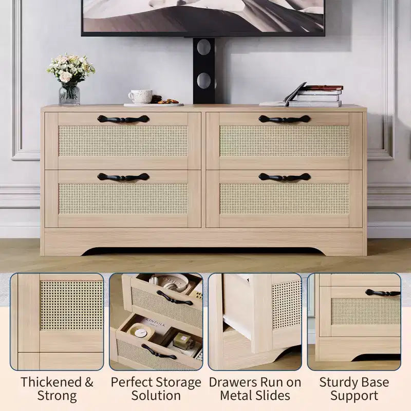 Meuble TV 4 tiroirs en rotin avec support (pour TV jusqu'à 7 pouces), meuble de divertissement en bois, console multimédia de rangement pour salon et chambre