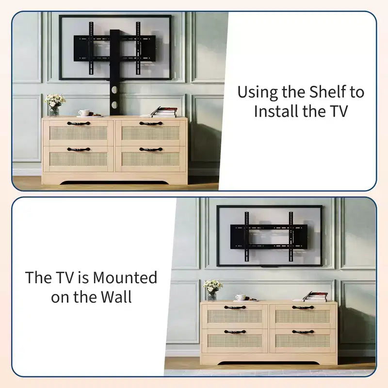Meuble TV 4 tiroirs en rotin avec support (pour TV jusqu'à 7 pouces), meuble de divertissement en bois, console multimédia de rangement pour salon et chambre