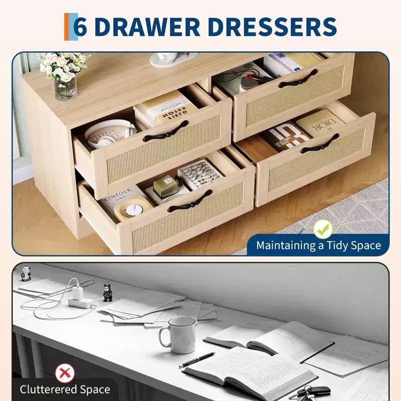 Meuble TV 4 tiroirs en rotin avec support (pour TV jusqu'à 7 pouces), meuble de divertissement en bois, console multimédia de rangement pour salon et chambre