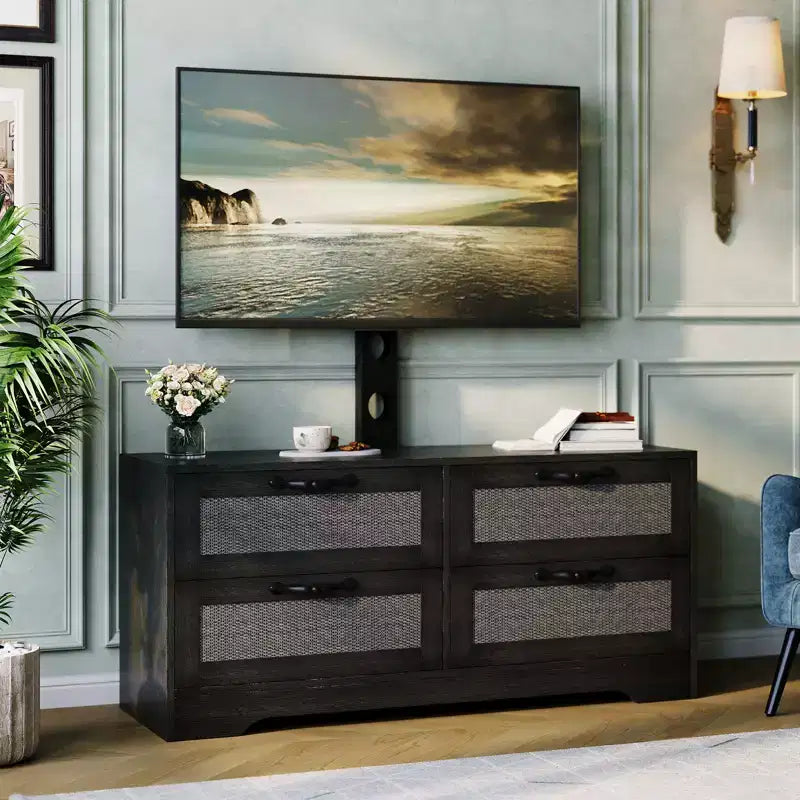 Meuble TV 4 tiroirs en rotin avec support (pour TV jusqu'à 7 pouces), meuble de divertissement en bois, console multimédia de rangement pour salon et chambre