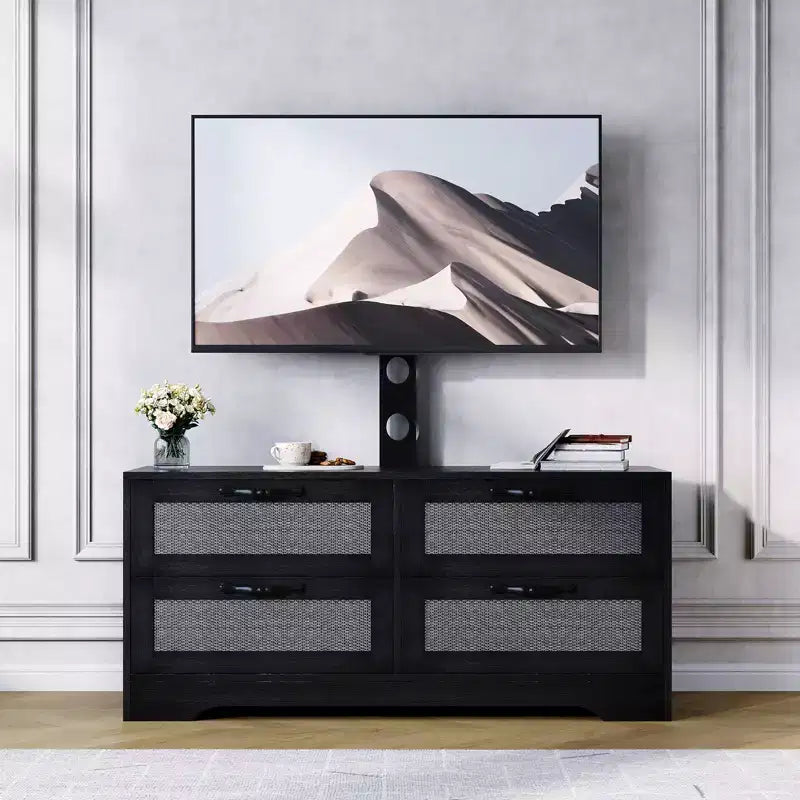 Meuble TV 4 tiroirs en rotin avec support (pour TV jusqu'à 7 pouces), meuble de divertissement en bois, console multimédia de rangement pour salon et chambre