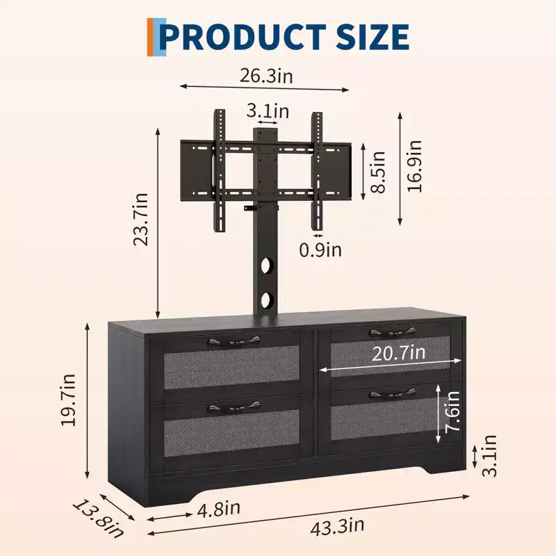 Meuble TV 4 tiroirs en rotin avec support (pour TV jusqu'à 7 pouces), meuble de divertissement en bois, console multimédia de rangement pour salon et chambre