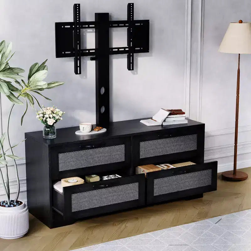 Meuble TV 4 tiroirs en rotin avec support (pour TV jusqu'à 7 pouces), meuble de divertissement en bois, console multimédia de rangement pour salon et chambre