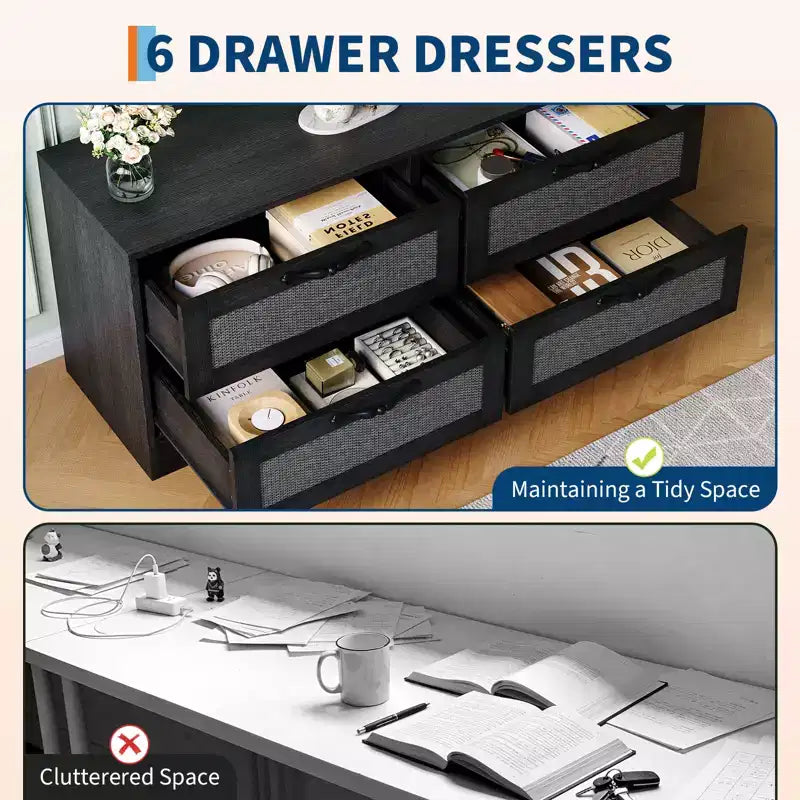 Meuble TV 4 tiroirs en rotin avec support (pour TV jusqu'à 7 pouces), meuble de divertissement en bois, console multimédia de rangement pour salon et chambre