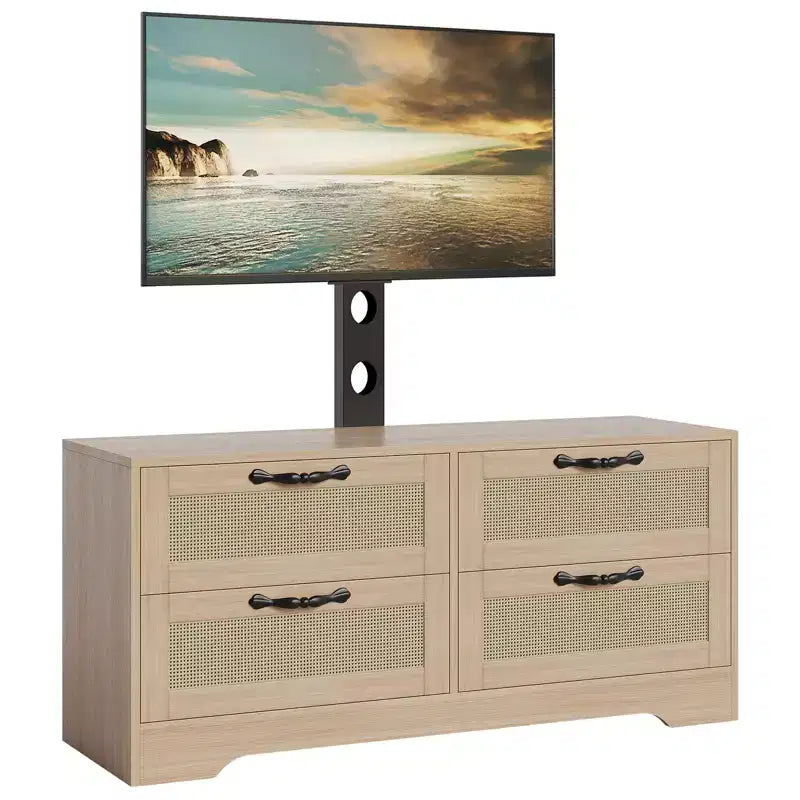 Meuble TV 4 tiroirs en rotin avec support (pour TV jusqu'à 7 pouces), meuble de divertissement en bois, console multimédia de rangement pour salon et chambre