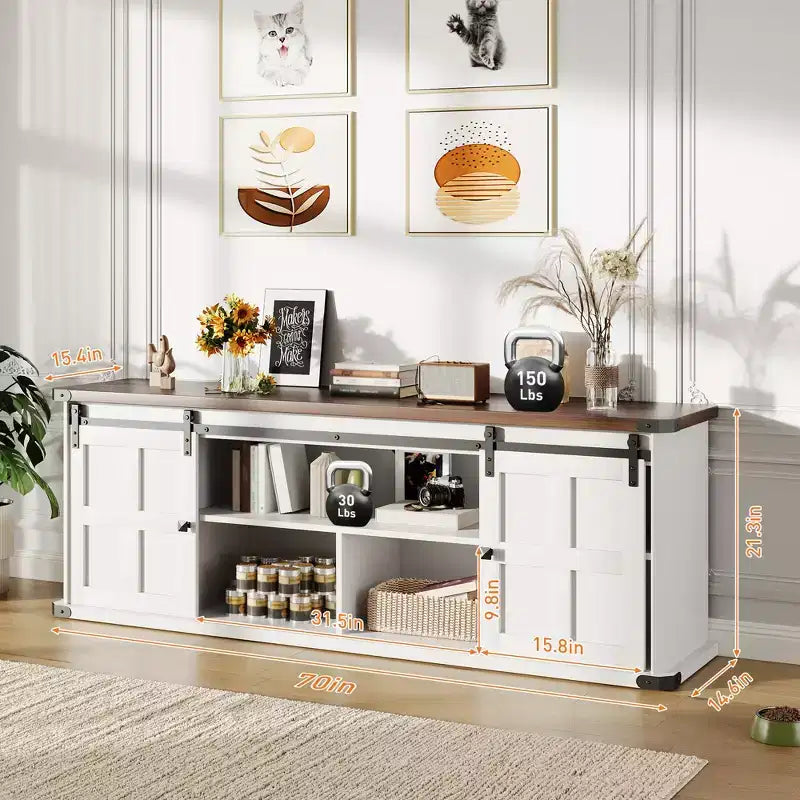 Meuble TV pour téléviseurs de 75 pouces, meuble TV de style rustique avec portes coulissantes et armoires de rangement, console TV moderne pour salon et chambre