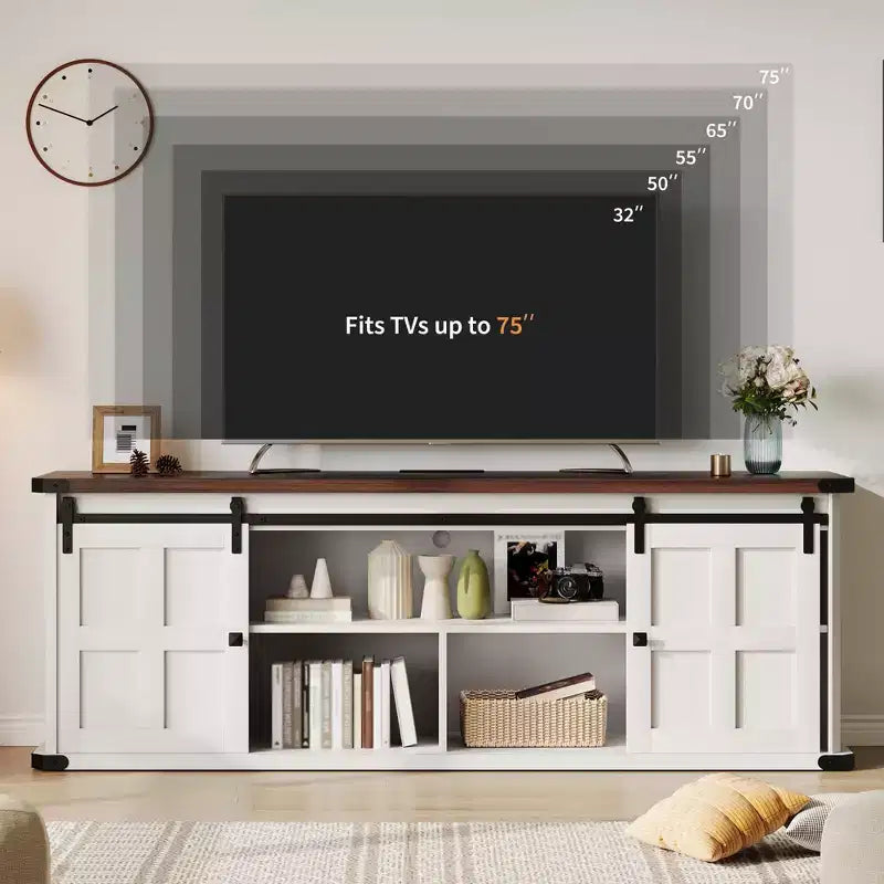 Meuble TV pour téléviseurs de 75 pouces, meuble TV de style rustique avec portes coulissantes et armoires de rangement, console TV moderne pour salon et chambre