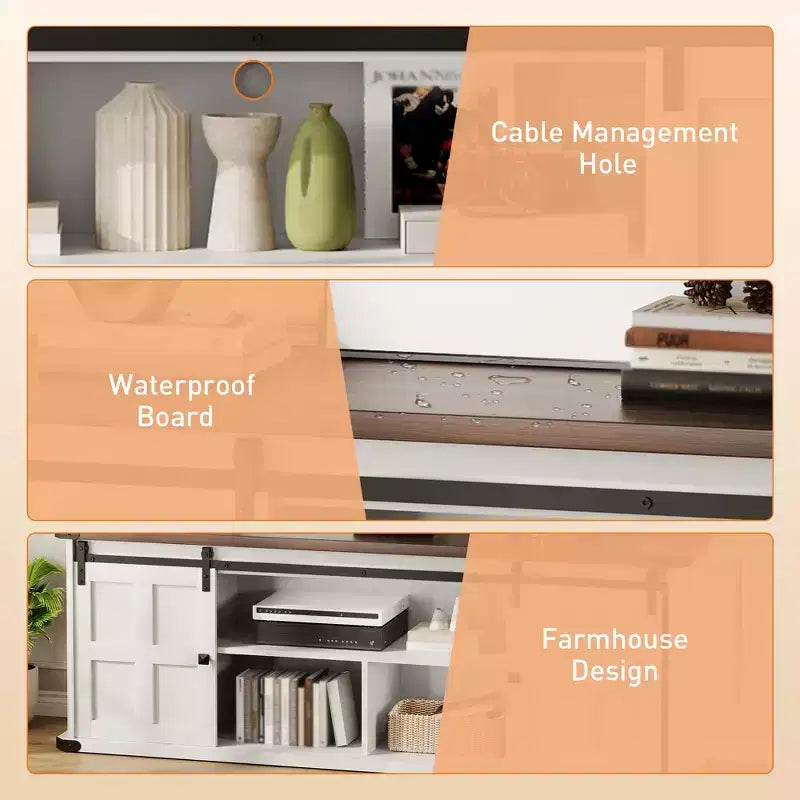 Meuble TV pour téléviseurs de 75 pouces, meuble TV de style rustique avec portes coulissantes et armoires de rangement, console TV moderne pour salon et chambre