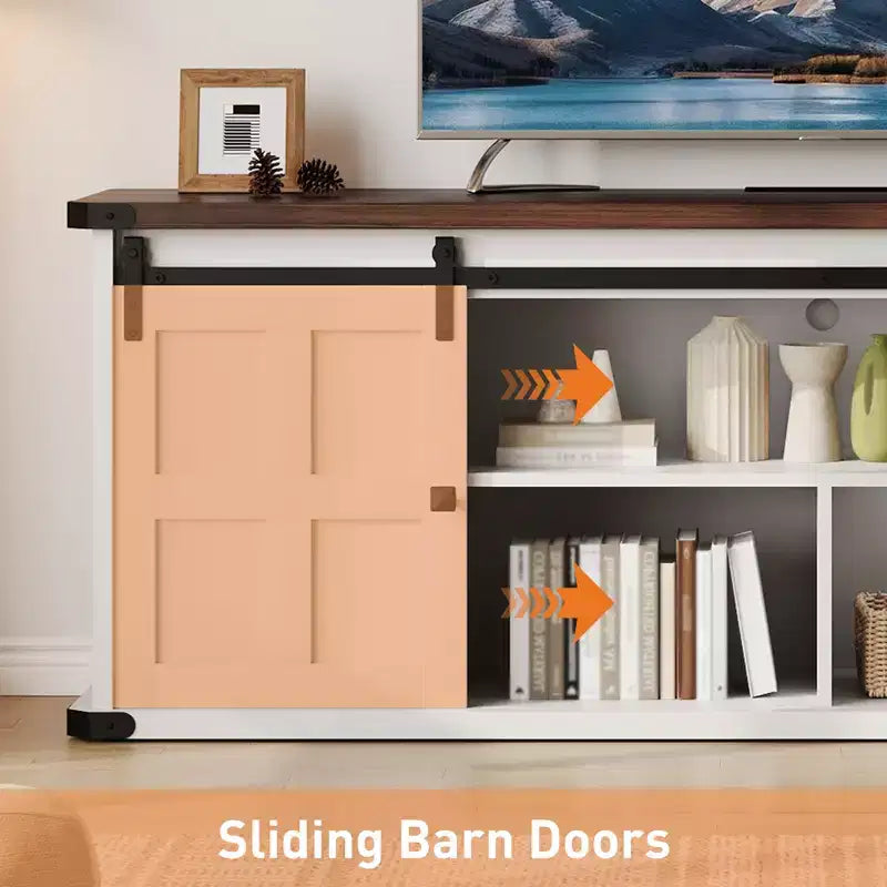 Meuble TV pour téléviseurs de 75 pouces, meuble TV de style rustique avec portes coulissantes et armoires de rangement, console TV moderne pour salon et chambre
