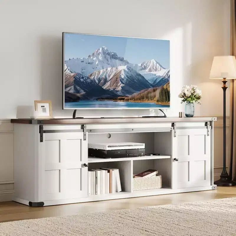 Meuble TV pour téléviseurs de 75 pouces, meuble TV de style rustique avec portes coulissantes et armoires de rangement, console TV moderne pour salon et chambre