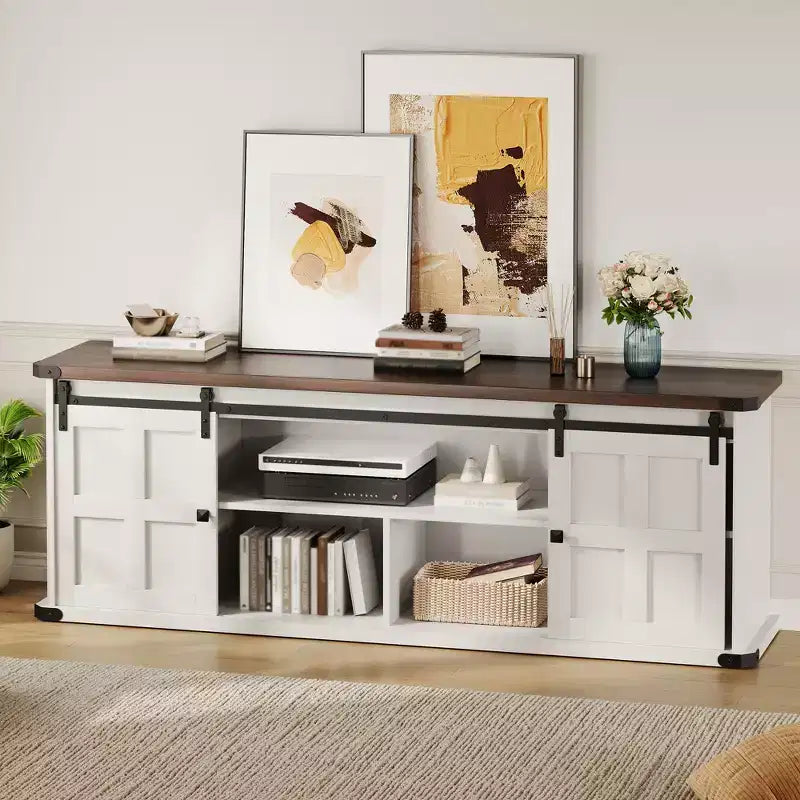 Meuble TV pour téléviseurs de 75 pouces, meuble TV de style rustique avec portes coulissantes et armoires de rangement, console TV moderne pour salon et chambre