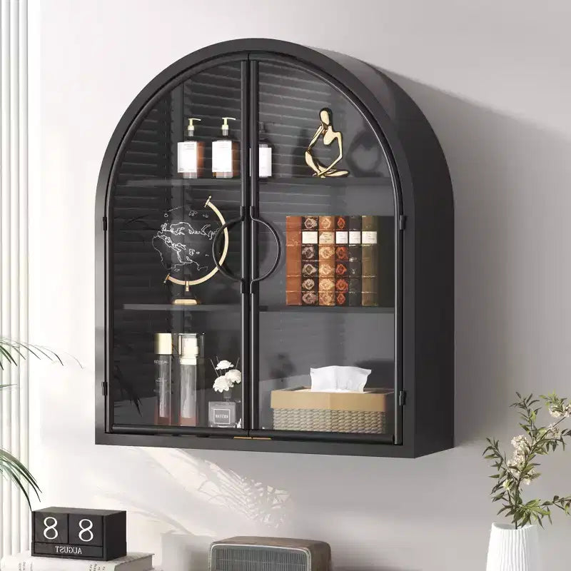 Bekrvio No Assembly Wall Cabinet Over Toilet,Arched Metal Bathroom Storage Cabinet with Glass Doors,Wall Mount Medicine Cabinet Organizer