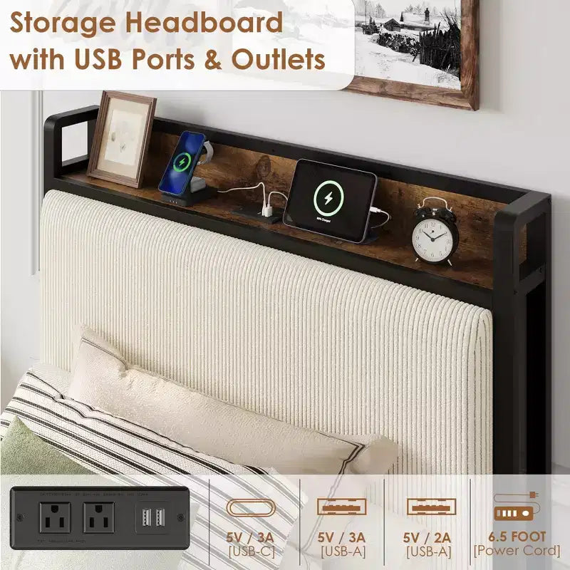 Cadre de lit plateforme avec tiroirs de rangement et recharge USB, tête de lit rembourrée en velours côtelé noir, silencieux, sommier tapissier non requis