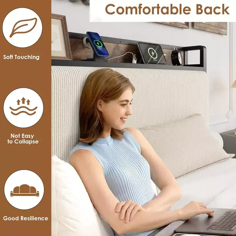 Cadre de lit plateforme avec tiroirs de rangement et recharge USB, tête de lit rembourrée en velours côtelé noir, silencieux, sommier tapissier non requis