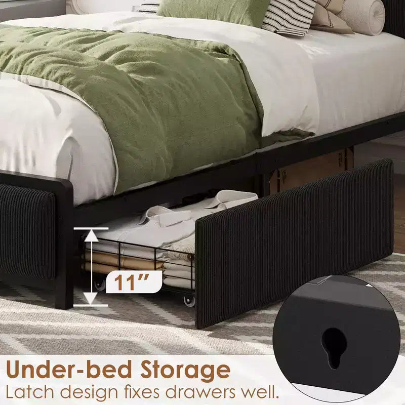 Cadre de lit plateforme avec tiroirs de rangement et recharge USB, tête de lit rembourrée en velours côtelé noir, silencieux, sommier tapissier non requis