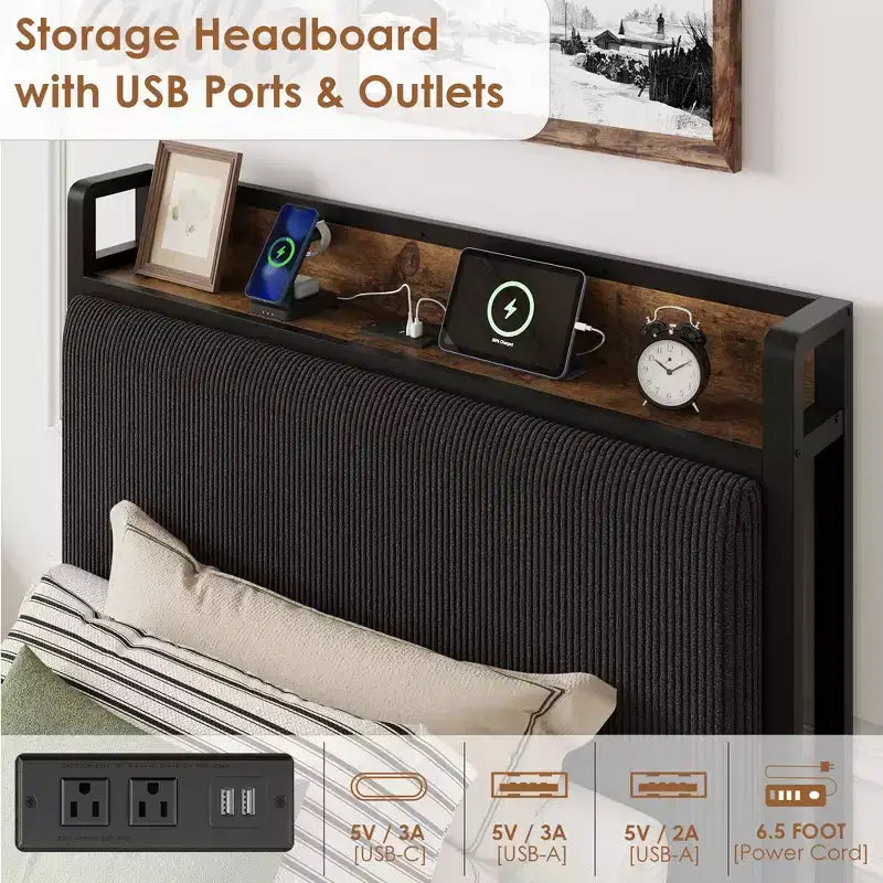 Cadre de lit plateforme avec tiroirs de rangement et recharge USB, tête de lit rembourrée en velours côtelé noir, silencieux, sommier tapissier non requis
