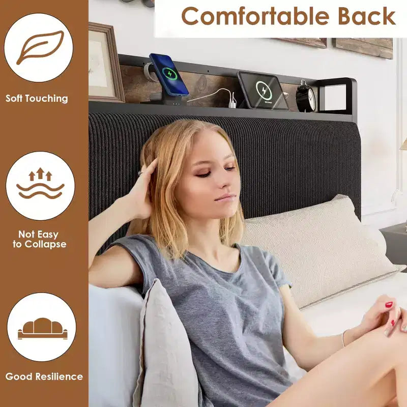 Cadre de lit plateforme avec tiroirs de rangement et recharge USB, tête de lit rembourrée en velours côtelé noir, silencieux, sommier tapissier non requis