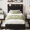 COZONY Platform Bed Frame with Storage Drawers and USB Charging, Black Corduroy Upholstered Headboard, Noise-Free, No Box Spring Needed