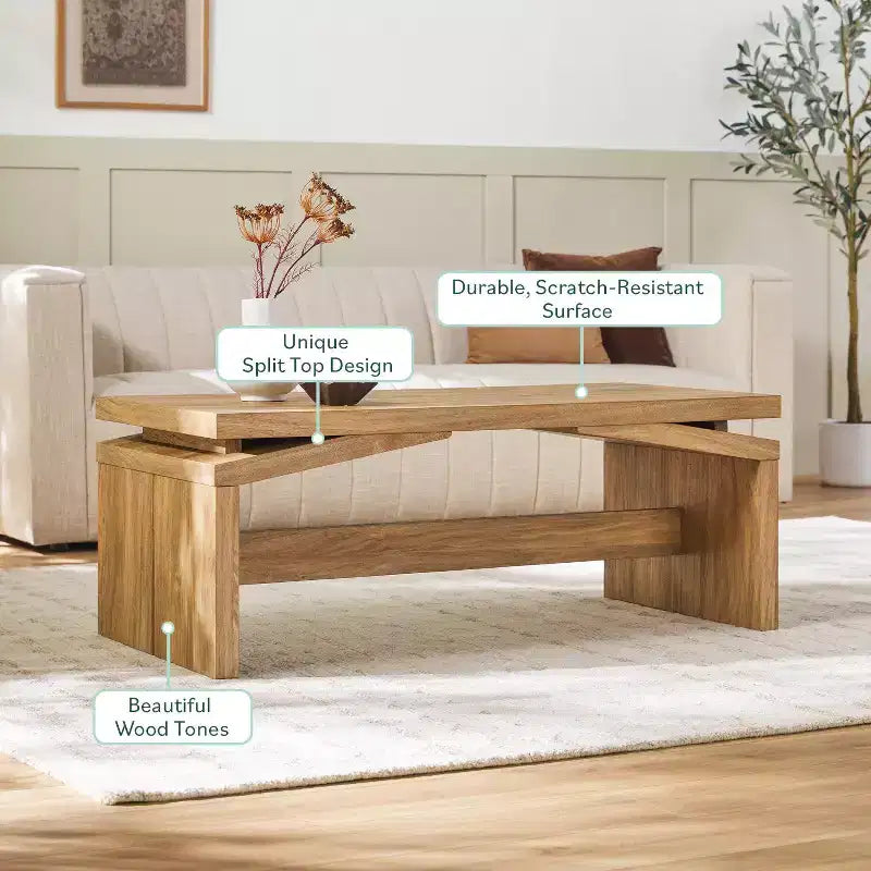 Table basse moderne à plateau fendu, facile à assembler