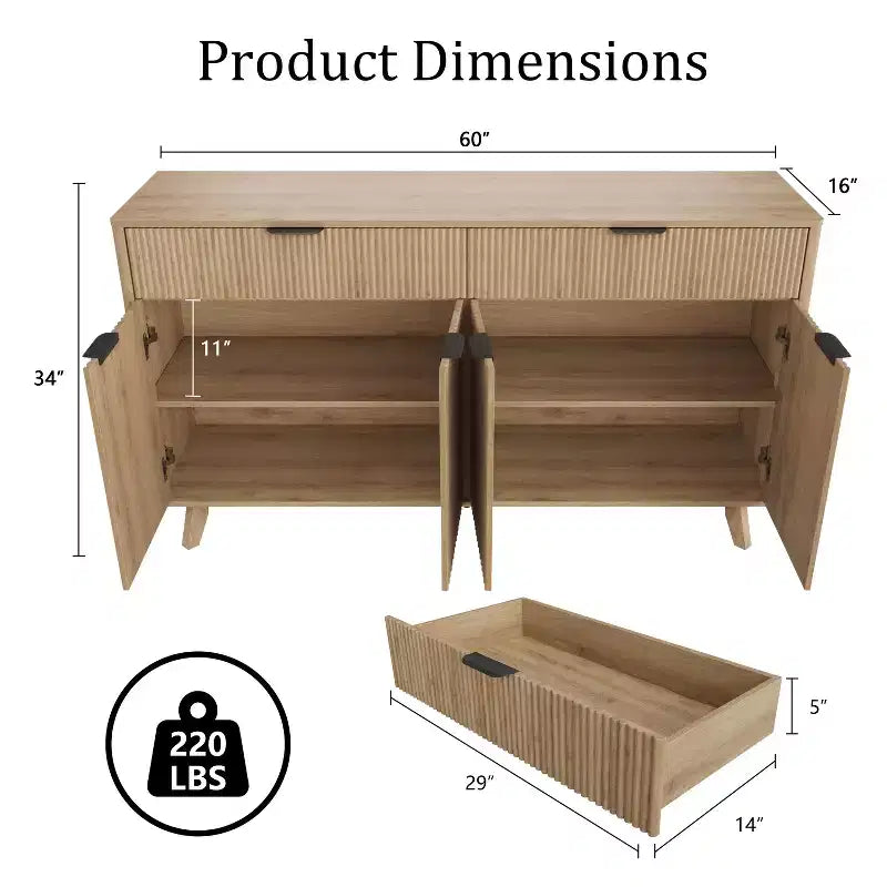 Buffet de rangement de 152 cm, meuble d'entrée cannelé avec 2 tiroirs, console média en bois, bahut d'appoint pour salon et cuisine