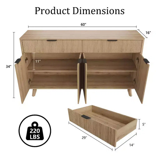 Buffet de rangement de 152 cm, meuble d'entrée cannelé avec 2 tiroirs, console média en bois, bahut d'appoint pour salon et cuisine