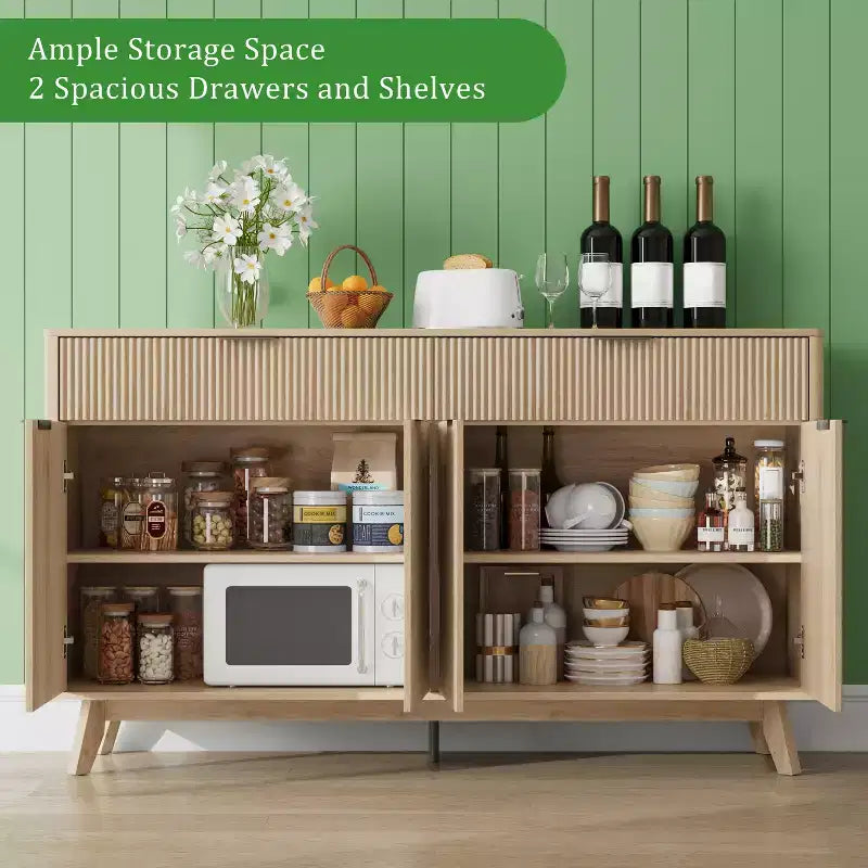 Buffet de rangement de 152 cm, meuble d'entrée cannelé avec 2 tiroirs, console média en bois, bahut d'appoint pour salon et cuisine