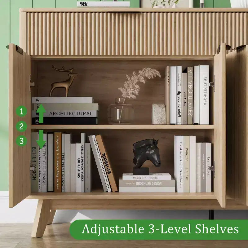 Buffet de rangement de 152 cm, meuble d'entrée cannelé avec 2 tiroirs, console média en bois, bahut d'appoint pour salon et cuisine