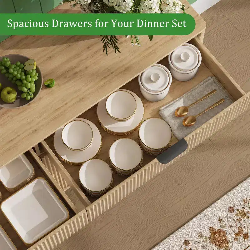 Buffet de rangement de 152 cm, meuble d'entrée cannelé avec 2 tiroirs, console média en bois, bahut d'appoint pour salon et cuisine