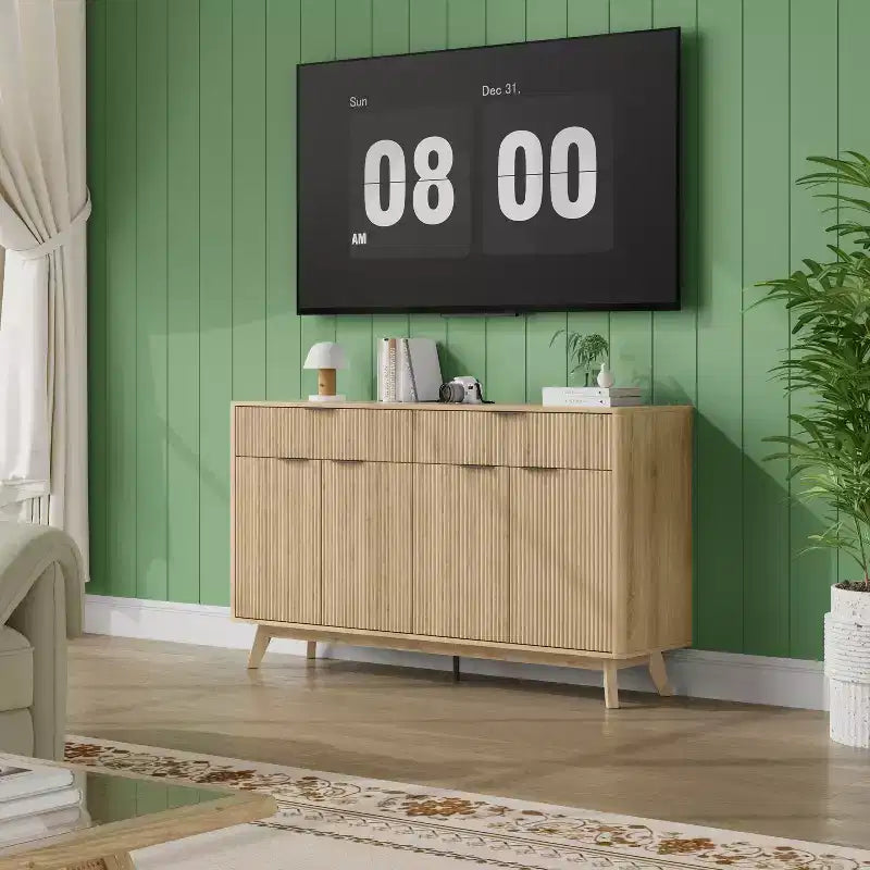 Buffet de rangement de 152 cm, meuble d'entrée cannelé avec 2 tiroirs, console média en bois, bahut d'appoint pour salon et cuisine
