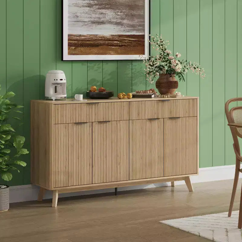 Buffet de rangement de 152 cm, meuble d'entrée cannelé avec 2 tiroirs, console média en bois, bahut d'appoint pour salon et cuisine