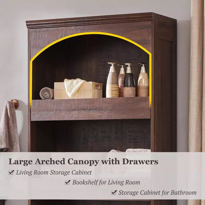 Meuble de rangement haut de salle de bain avec arche de 76 po, rangement en bois à 4 niveaux avec tiroir inférieur à verrouillage magnétique et 3 tiroirs cachés pour salle de bain, buanderie