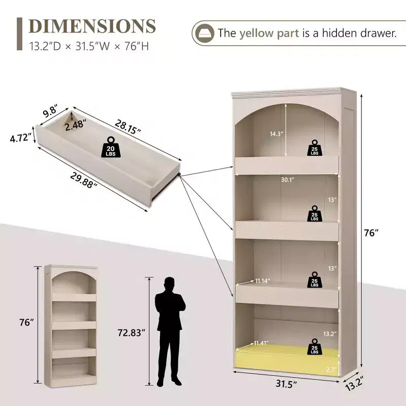 Meuble de rangement haut de salle de bain avec arche de 76 po, rangement en bois à 4 niveaux avec tiroir inférieur à verrouillage magnétique et 3 tiroirs cachés pour salle de bain, buanderie
