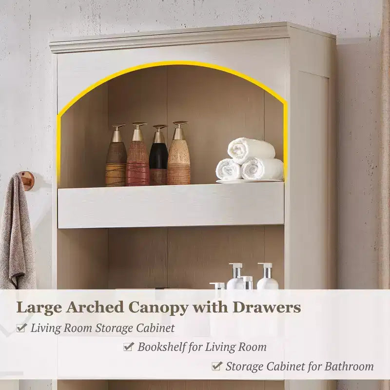 Meuble de rangement haut de salle de bain avec arche de 76 po, rangement en bois à 4 niveaux avec tiroir inférieur à verrouillage magnétique et 3 tiroirs cachés pour salle de bain, buanderie