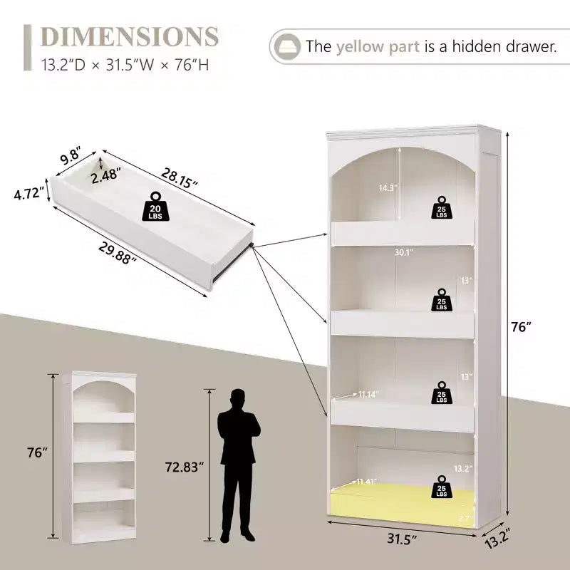 Meuble de rangement haut de salle de bain avec arche de 76 po, rangement en bois à 4 niveaux avec tiroir inférieur à verrouillage magnétique et 3 tiroirs cachés pour salle de bain, buanderie