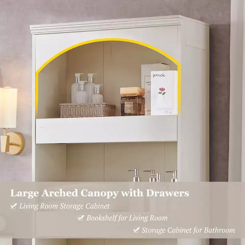 Meuble de rangement haut de salle de bain avec arche de 76 po, rangement en bois à 4 niveaux avec tiroir inférieur à verrouillage magnétique et 3 tiroirs cachés pour salle de bain, buanderie