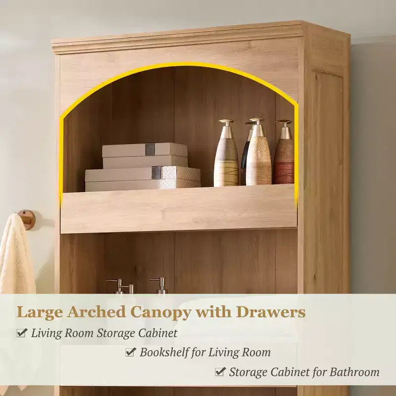 Meuble de rangement haut de salle de bain avec arche de 76 po, rangement en bois à 4 niveaux avec tiroir inférieur à verrouillage magnétique et 3 tiroirs cachés pour salle de bain, buanderie