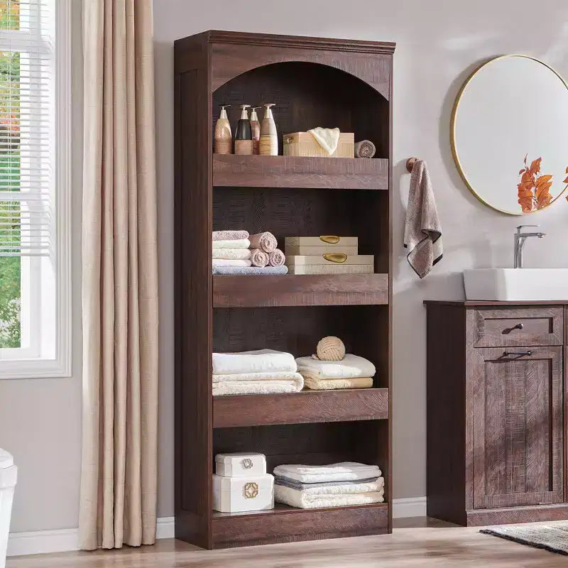 Meuble de rangement haut de salle de bain avec arche de 76 po, rangement en bois à 4 niveaux avec tiroir inférieur à verrouillage magnétique et 3 tiroirs cachés pour salle de bain, buanderie