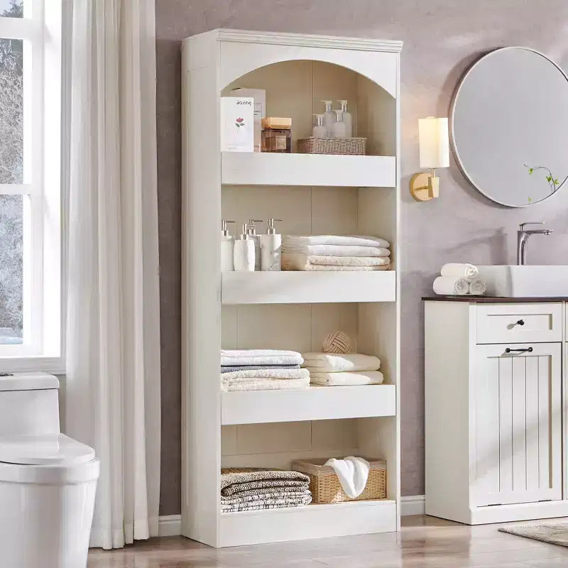 Meuble de rangement haut de salle de bain avec arche de 76 po, rangement en bois à 4 niveaux avec tiroir inférieur à verrouillage magnétique et 3 tiroirs cachés pour salle de bain, buanderie
