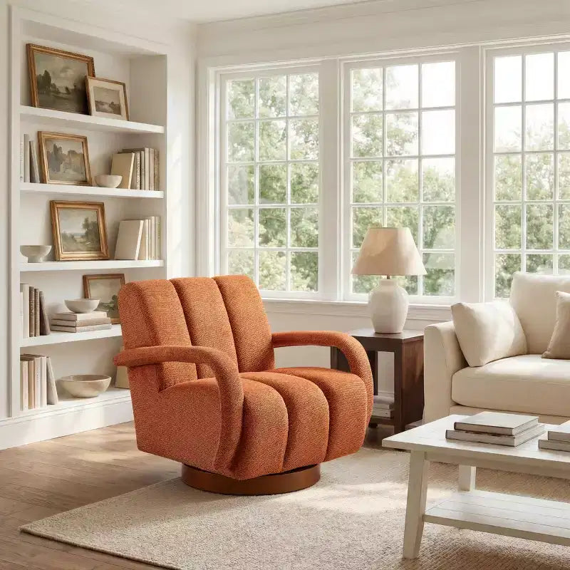 Fauteuil pivotant, fauteuil en tissu rembourré moderne, fauteuil simple avec base en bois massif
