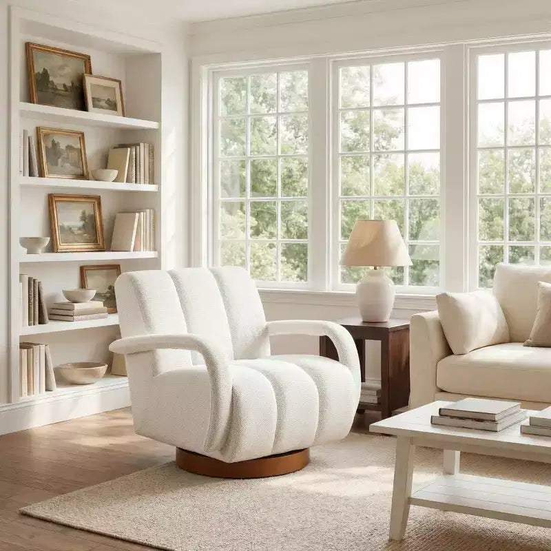 Fauteuil pivotant, fauteuil en tissu rembourré moderne, fauteuil simple avec base en bois massif