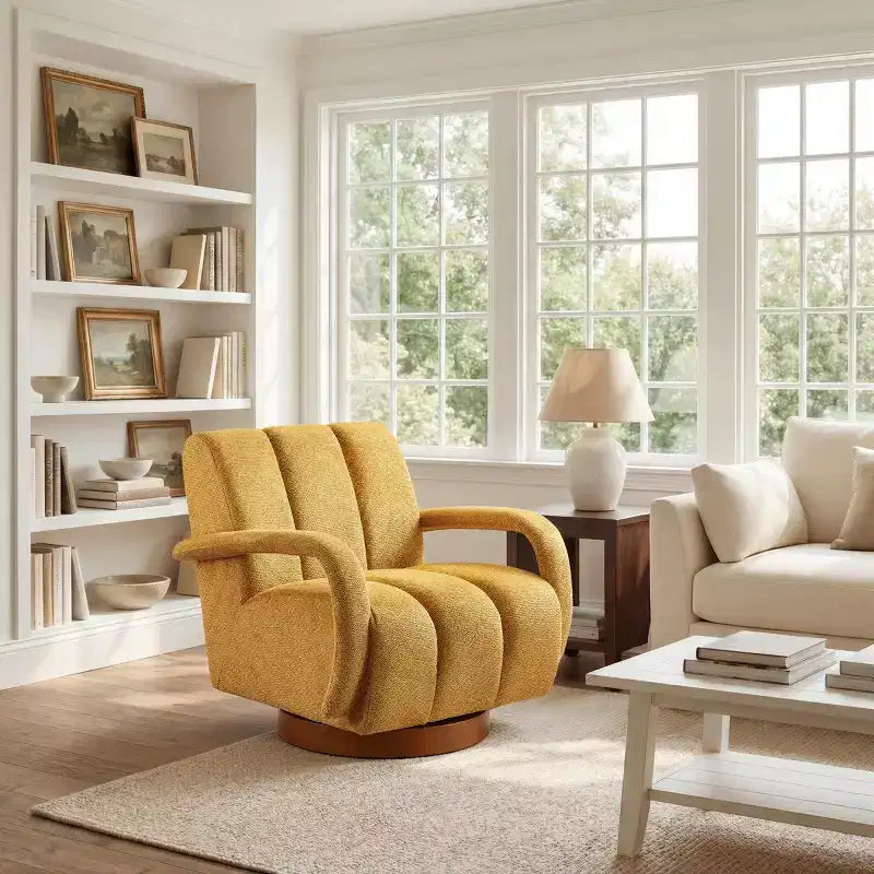 Fauteuil pivotant, fauteuil en tissu rembourré moderne, fauteuil simple avec base en bois massif