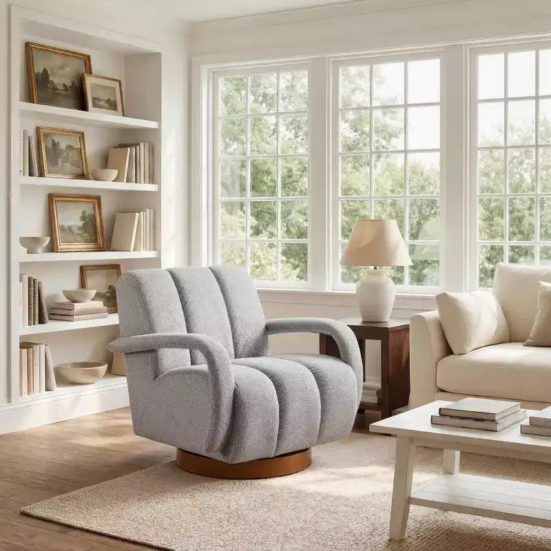 Fauteuil pivotant, fauteuil en tissu rembourré moderne, fauteuil simple avec base en bois massif