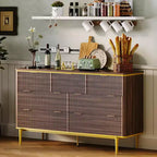 Commode flûtée à 7 tiroirs, commode en bois de 137 cm de large avec poignées dorées, meuble TV au design incurvé pour chambre à coucher ou salon