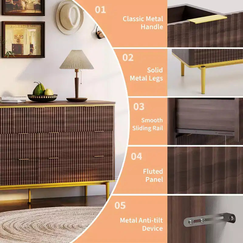 Commode flûtée à 7 tiroirs, commode en bois de 137 cm de large avec poignées dorées, meuble TV au design incurvé pour chambre à coucher ou salon