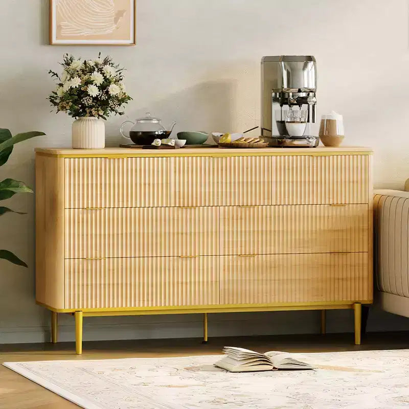 Commode flûtée à 7 tiroirs, commode en bois de 137 cm de large avec poignées dorées, meuble TV au design incurvé pour chambre à coucher ou salon
