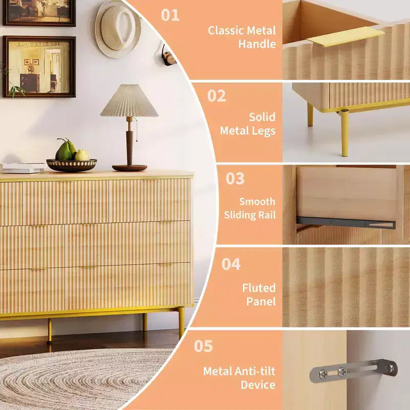 Commode flûtée à 7 tiroirs, commode en bois de 137 cm de large avec poignées dorées, meuble TV au design incurvé pour chambre à coucher ou salon