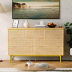Commode flûtée à 7 tiroirs, commode en bois de 137 cm de large avec poignées dorées, meuble TV au design incurvé pour chambre à coucher ou salon